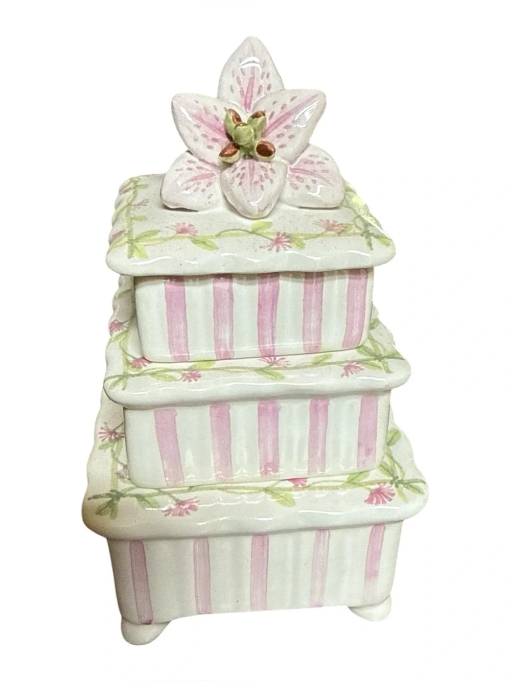Khim Vintage Porcelain Stacking Trinket Box Pink Stripe Floral Lily Finial